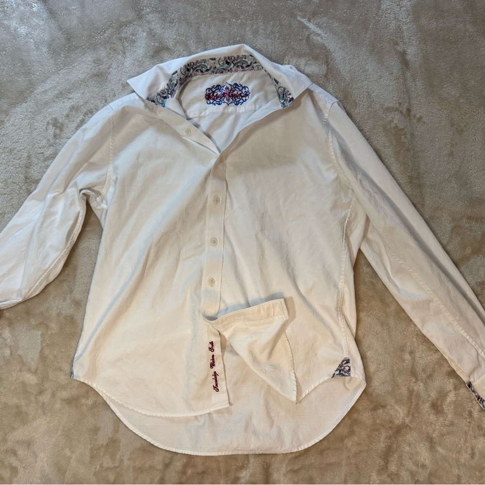 Robert Graham White Shirt with Multicolor Patterned Collar